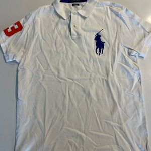 Polo by Ralph Lauren Men's White Polo with Blue Logo and Red Sleeve
